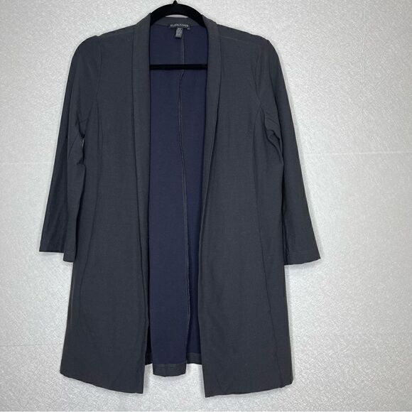 Eileen Fisher Graphite Open Front 3/4 Sleeve Stretch Crepe Cardigan XS - Picture 2 of 5